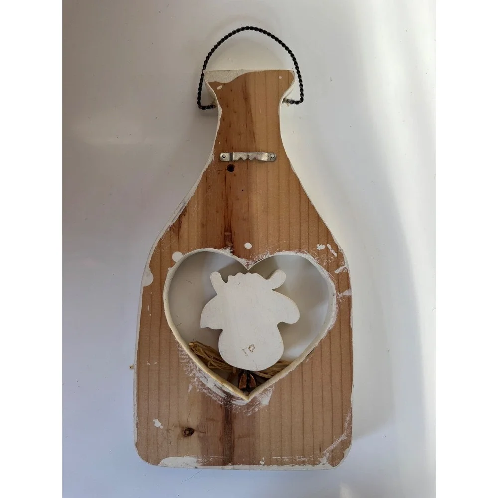 Vintage Farmhouse Wooden Milk Bottle Wall Decor Hand Painted Cow Heart Cutout